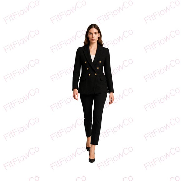 ✨ ZARA Woman Black Bouclé Tweed Double-Breasted Blazer Size S EUC - Picture 1 of 4